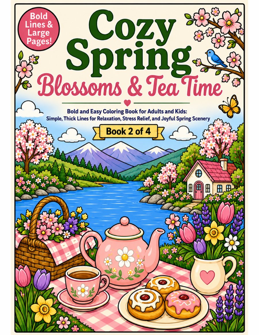 Cozy Spring Coloring Book | Bold & Easy Tea Time Scenes (Digital PDF) &mdash; cover