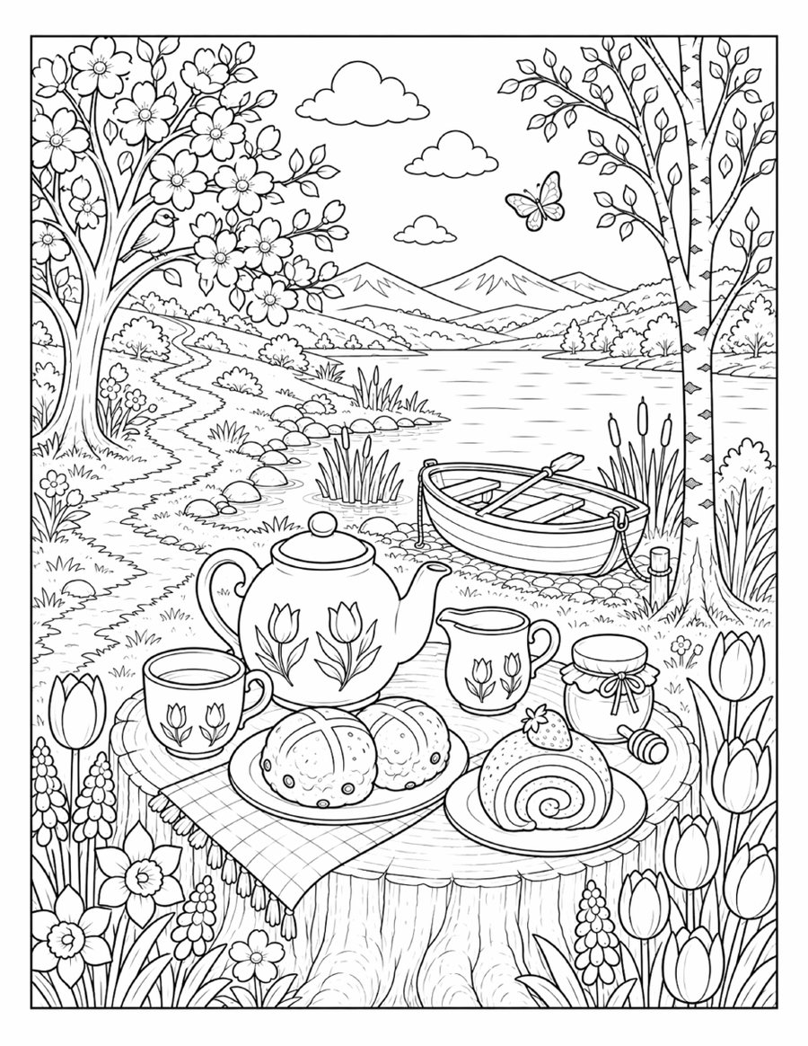A page from inside Cozy Spring Coloring Book | Bold & Easy Tea Time Scenes (Digital PDF)