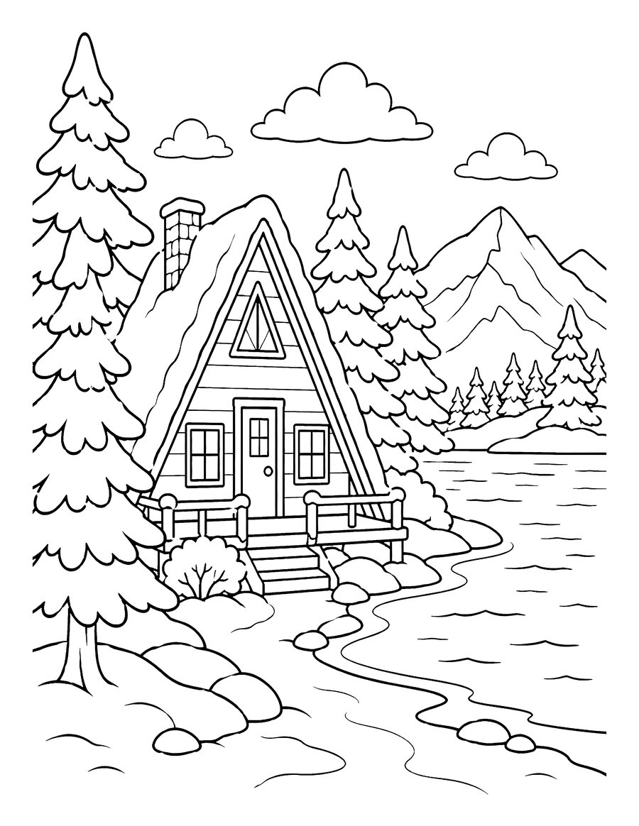 A page from inside Cozy Winter Coloring Book | Bold Line Lakeside Scenes (Digital Download)
